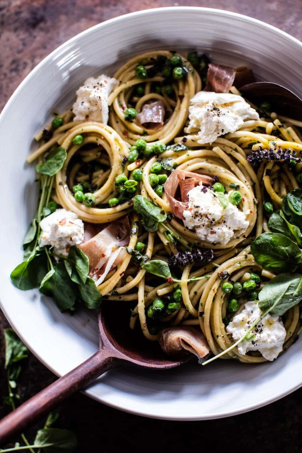 <strong>Get the <a href="https://www.halfbakedharvest.com/simple-buttery-spring-pea-burrata-pasta-prosciutto/?highlight=pasta" target="_blank">Simple Buttery Spring Pea and Burrata Pasta With Prosciutto</a>&nbsp;recipe from Half Baked Harvest</strong>