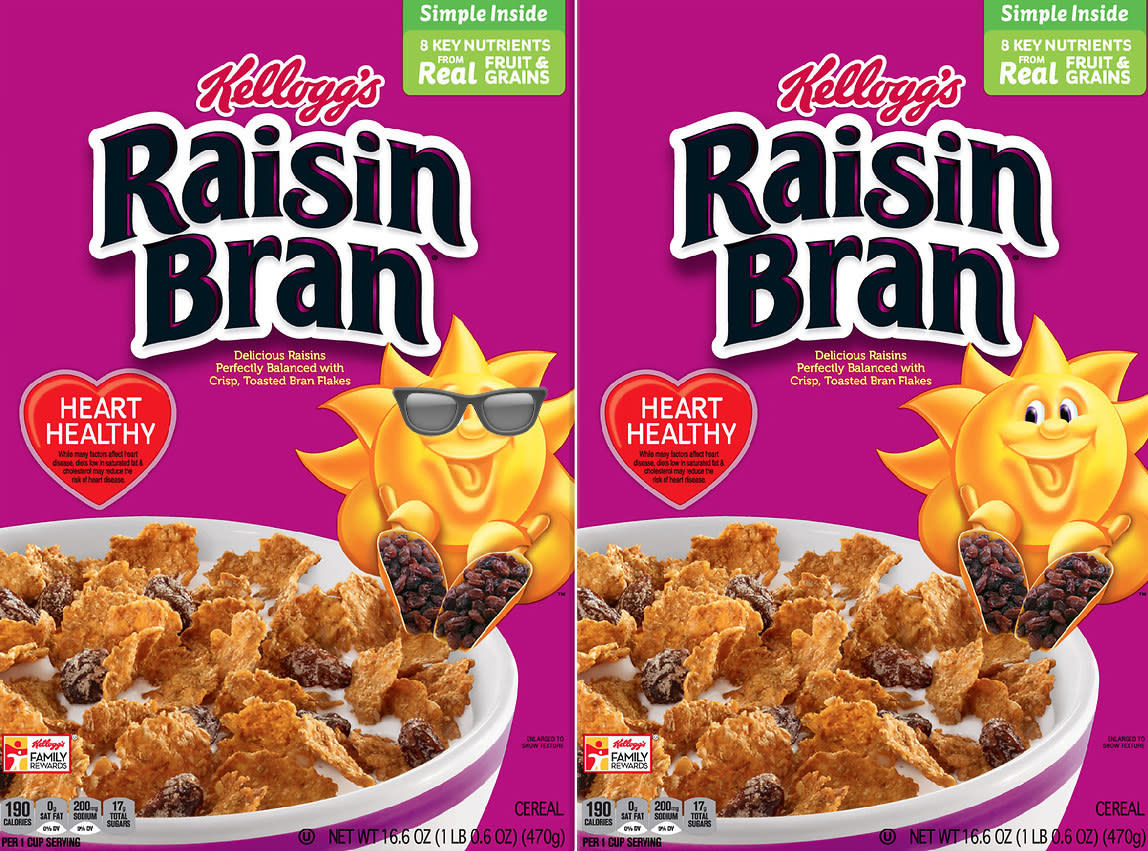 A Raisin Bran cereal box with the sun mascot wearing sunglasses and without