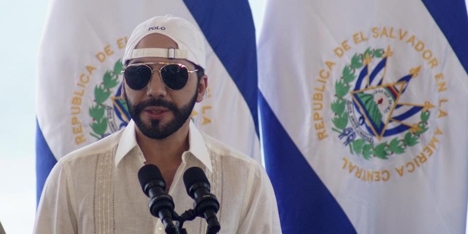 President of El Salvador Nayib Bukele speaks during the inauguration of the ISA World Surfing Games 2021 on May 29, 2021 in La Libertad, El Salvador.