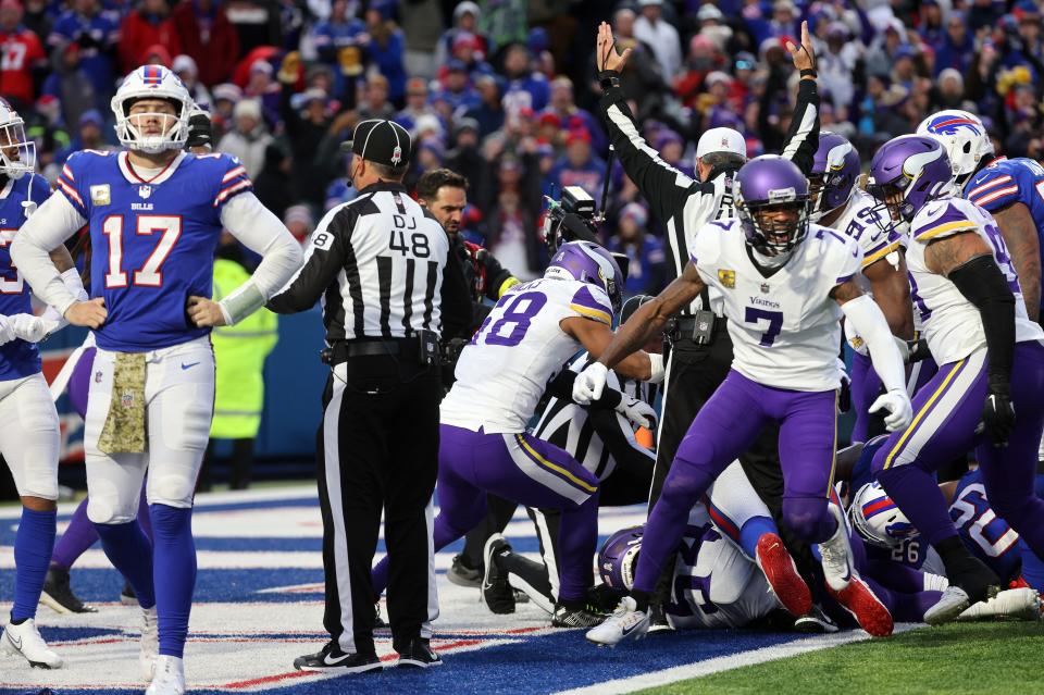 Josh Allen's reaction after he fumbled in his own end zone which ultimately cost the Bills a victory over the Vikings.