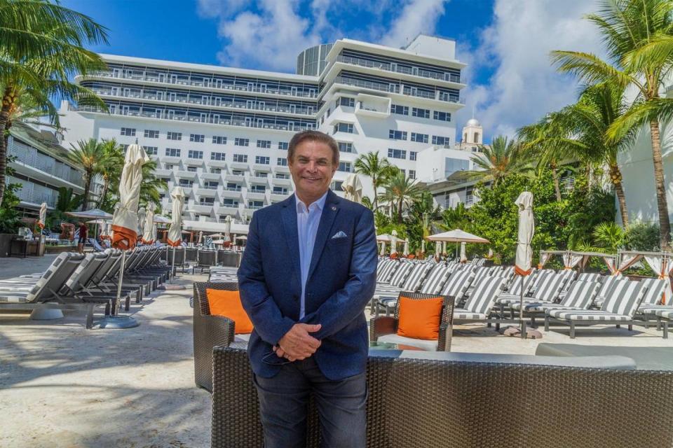 Peter Kanavos, co-owner of the Ritz-Carlton South Beach and Sagamore hotels, stands in the pool area of the Ritz-Carlton South Beach hotel on Thursday, Oct. 5, 2023. Pedro Portal/pportal@miamiherald.com