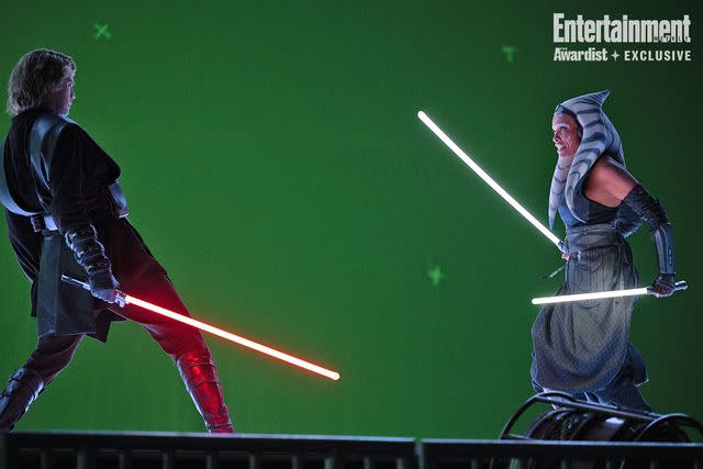 <p>Lucasfilm</p> Hayden Christensen and Rosario Dawson on the set of 'Ahsoka'