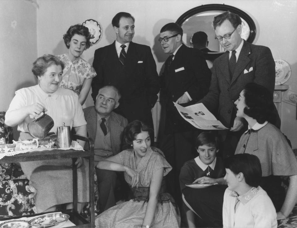 The Archers in 1958, Back row, l-r: Peggy Archer (June Spencer), Paul Johnson (Leslie Dunn), Jack Archer (Denis Folwell), Philip Archer (Norman Painting) Front row l-r: Mrs (Doris) Archer (Gwen Berryman), Dan Archer (Harry Oakes), Christine Johnson (Lesley Saweard), Jennifer Archer (unidentified actress), Lillian Archer (unidentified actress), Jill Archer (Patricia Greene)