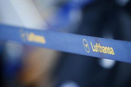 The logo of Lufthansa airline is pictured on a dividing stripe in Frankfurt airport, Germany, March 17, 2016. REUTERS/Kai Pfaffenbach