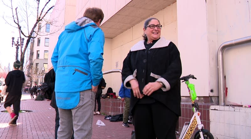 Lisa Schroeder of Mother's Bistro walks through SW 4th and Washington in downtown Portland, March 29, 2023 (KOIN)