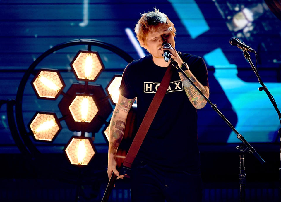 Ed Sheeran performs onstage during The 59th Grammy Awards