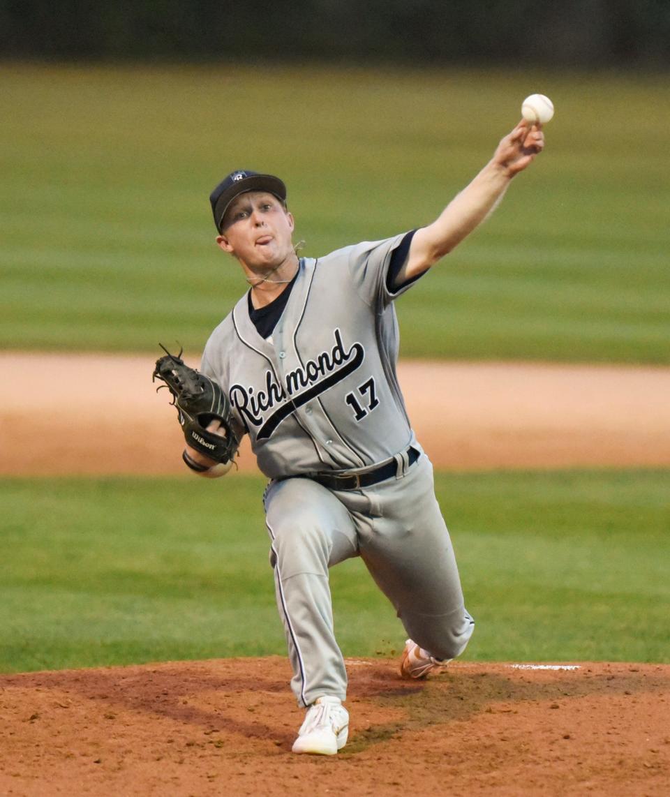 Richmond's Brady Klehr releases a pitch Friday, August 6, 2021, at Cold Spring Baseball Park. 