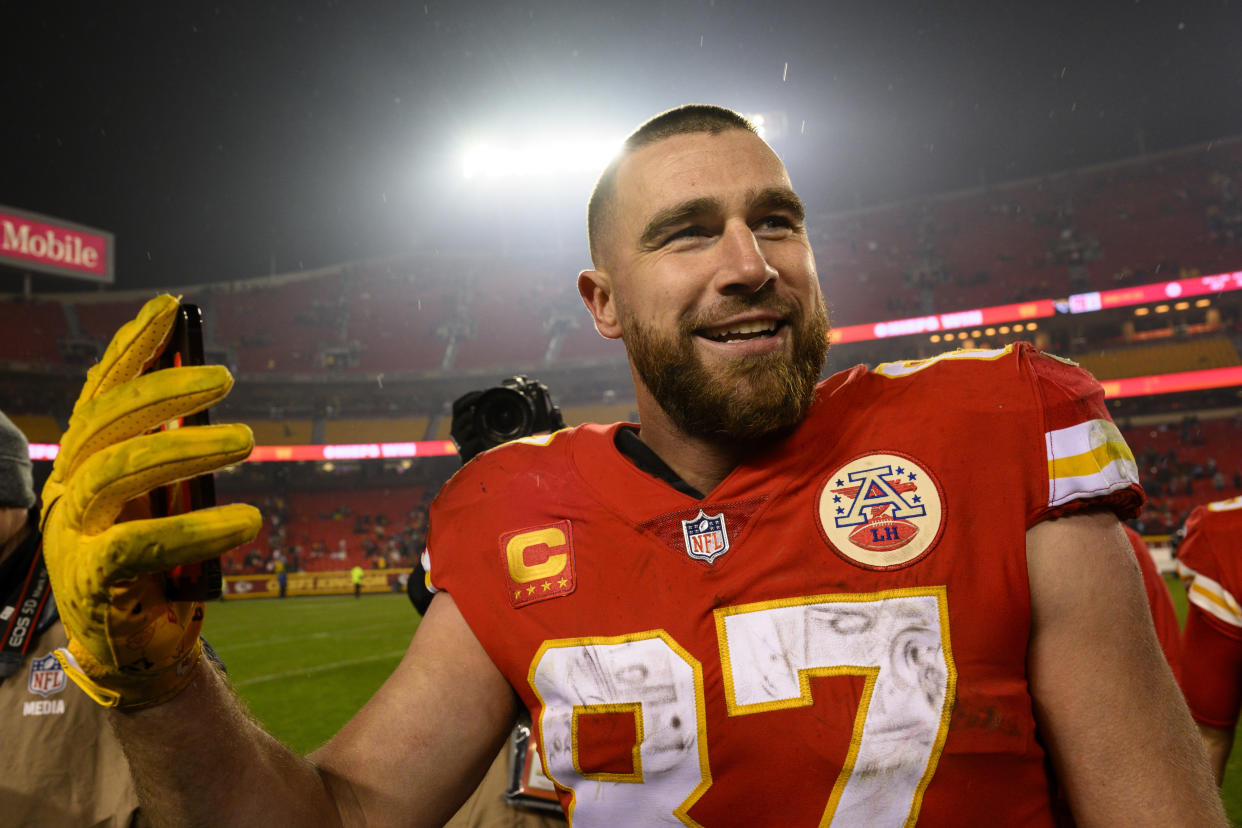 Tight end Travis Kelce and the Kansas City Chiefs are in another AFC championship game. (AP Photo/Reed Hoffmann)