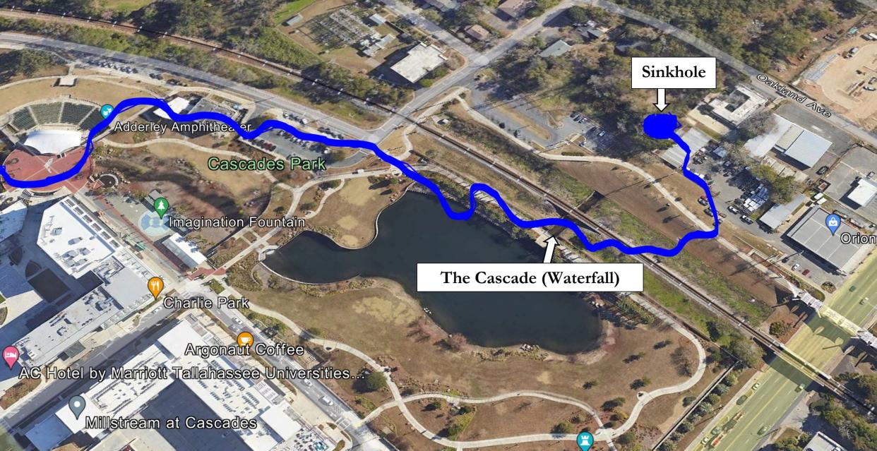 A map of where the waterfall, sinkhole and stream were located in what is presently Cascades Park.