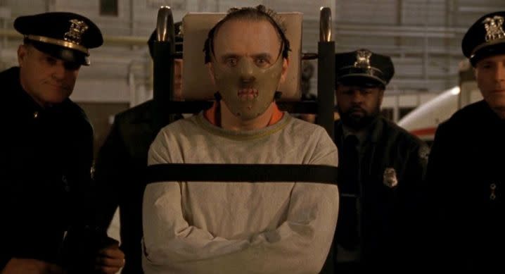 Hannibal Lecter in his iconic mask in The Silence of the Lambs