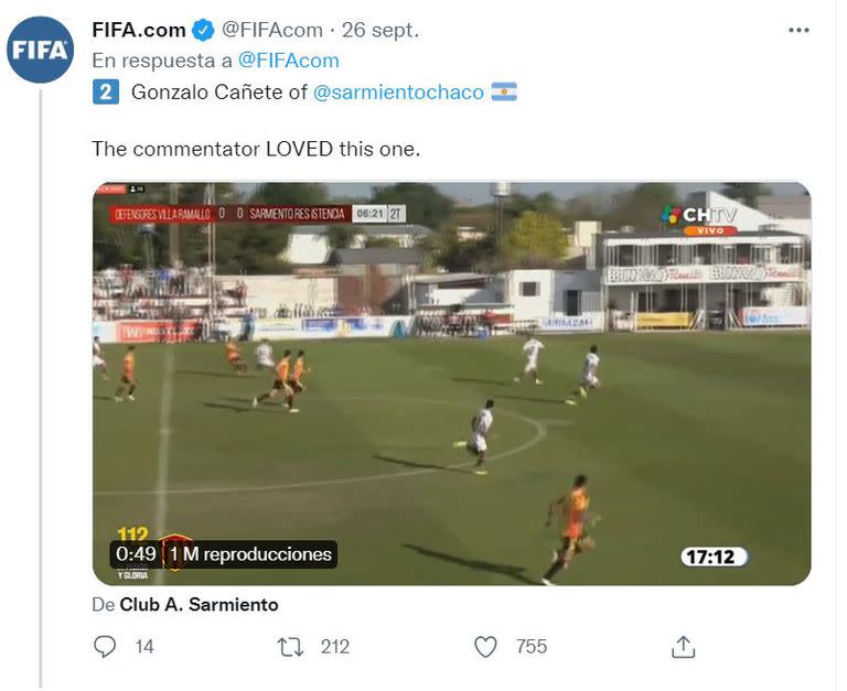 La mención de FIFA sobre el gol de Sarmiento de Chaco, equipo que integra el Federal "A"