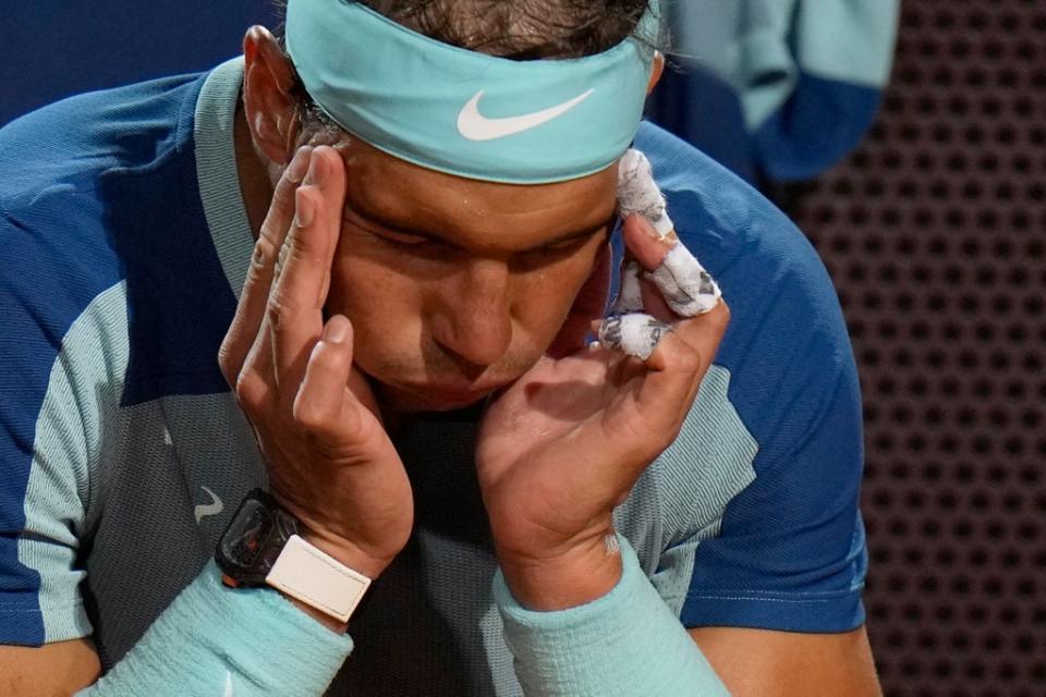 Rafael Nadal shows his pain during his defeat by Denis Shapovalov in Rome (Alessandra Tarantino/AP) (AP)