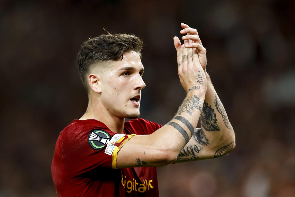 TIRANA, ALBANIA - MAY 25: Nicolo Zaniolo of AS Roma gestures during the UEFA Conference League final match between AS Roma and Feyenoord at Arena Kombetare on May 25, 2022 in Tirana, Albania. (Photo by Matteo Ciambelli/vi/DeFodi Images via Getty Images)