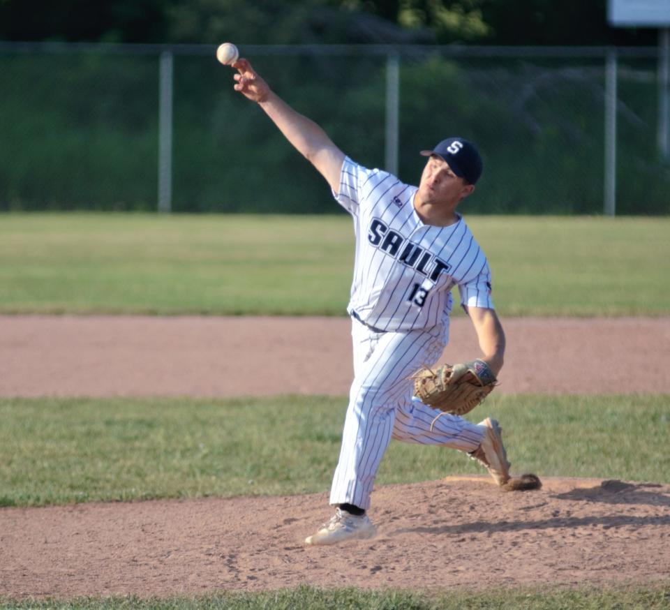 Sault Ste. Marie pitcher Josh Lumsden delivers to the plate in Wednesday's regional semifinal in Gaylord.