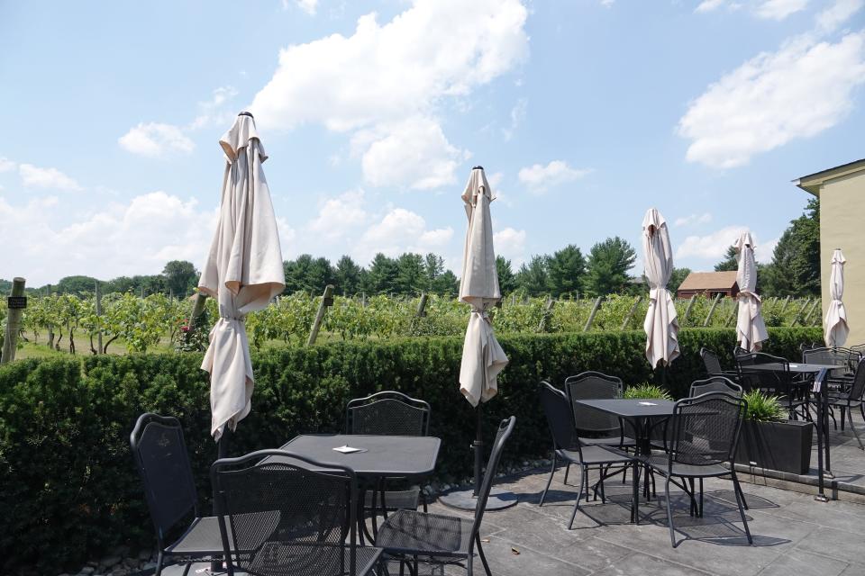 Crossing Vineyards and Winery's outdoor seating that looks out at the 20,000 grape vines grown at their vineyard in Newtown.