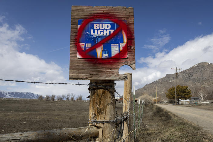 ARCO, ID - APRIL 21: A sign disparaging Bud Light beer is seen along a country road on April 21, 2023 in Arco, Idaho. Anheuser-Busch, the brewer of Bud Light has faced backlash after the company sponsored two Instagram posts from a transgender woman.(Photo by Natalie Behring/Getty Images)