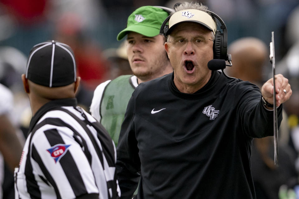 UCF head coach Gus Malzahn reacts during an NCAA college football game against Tulane in New Orleans, Saturday, Nov. 12, 2022. (AP Photo/Matthew Hinton)