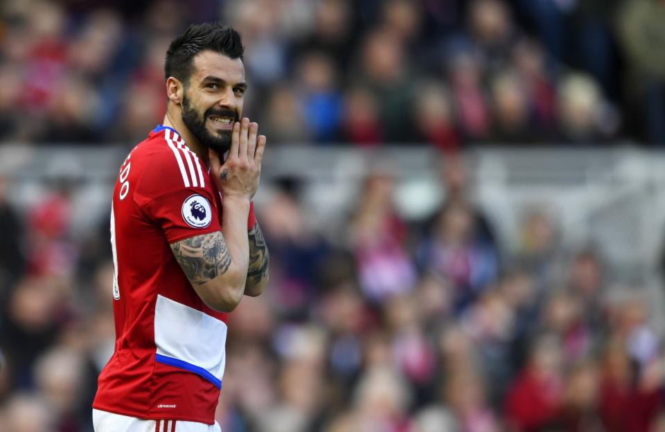 <p>Former Manchester City striker Alvaro Negredo looks on in frustration </p>