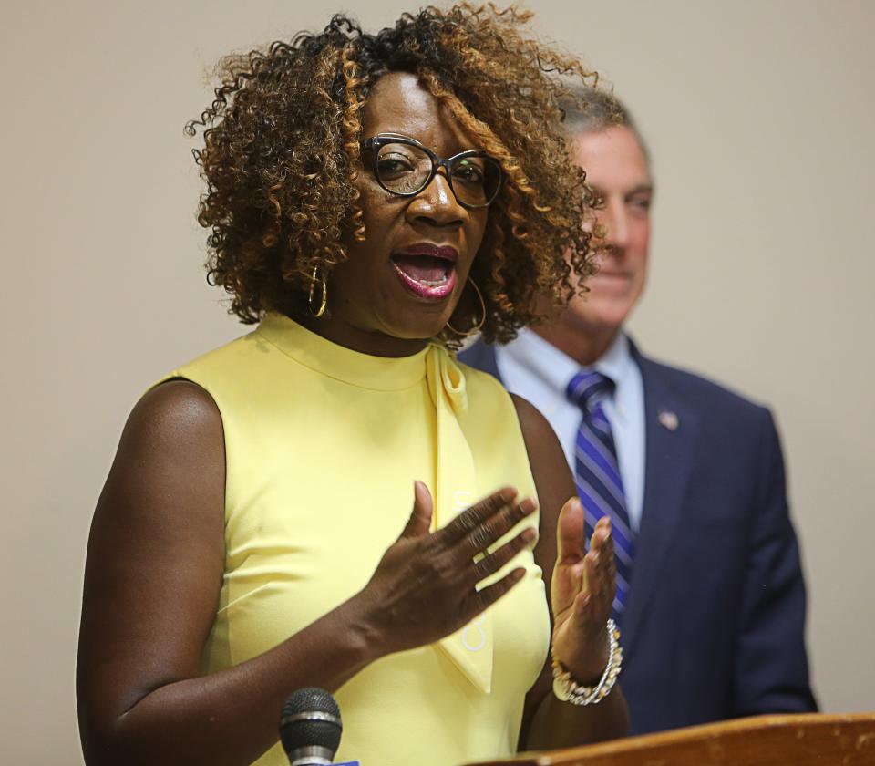 Delaware Representative Kendra Johnson speaks during a bill signing ceremony on August 7, 2023.