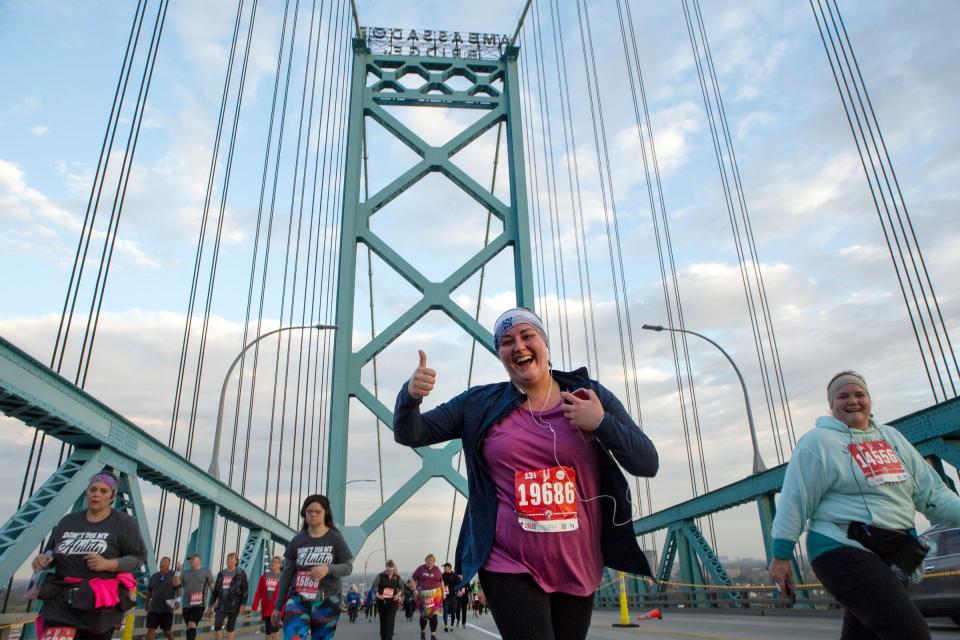 Jessica College, 32 crosses the Ambassador Bridge during the 42nd Annual Detroit Free Press/TCF Bank Marathon in Detroit on Sunday, Oct. 20, 2019.