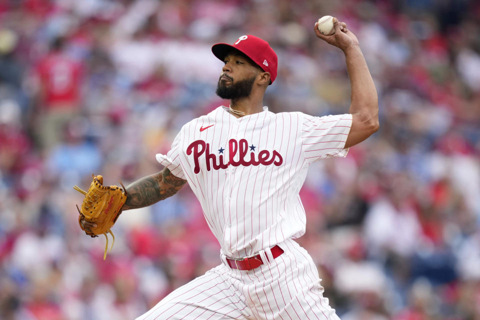 Philadelphia Phillies' Cristopher Sanchez pitches during the second inning of a baseball game against the San Diego Padres, Friday, July 14, 2023, in Philadelphia. (AP Photo/Matt Slocum)