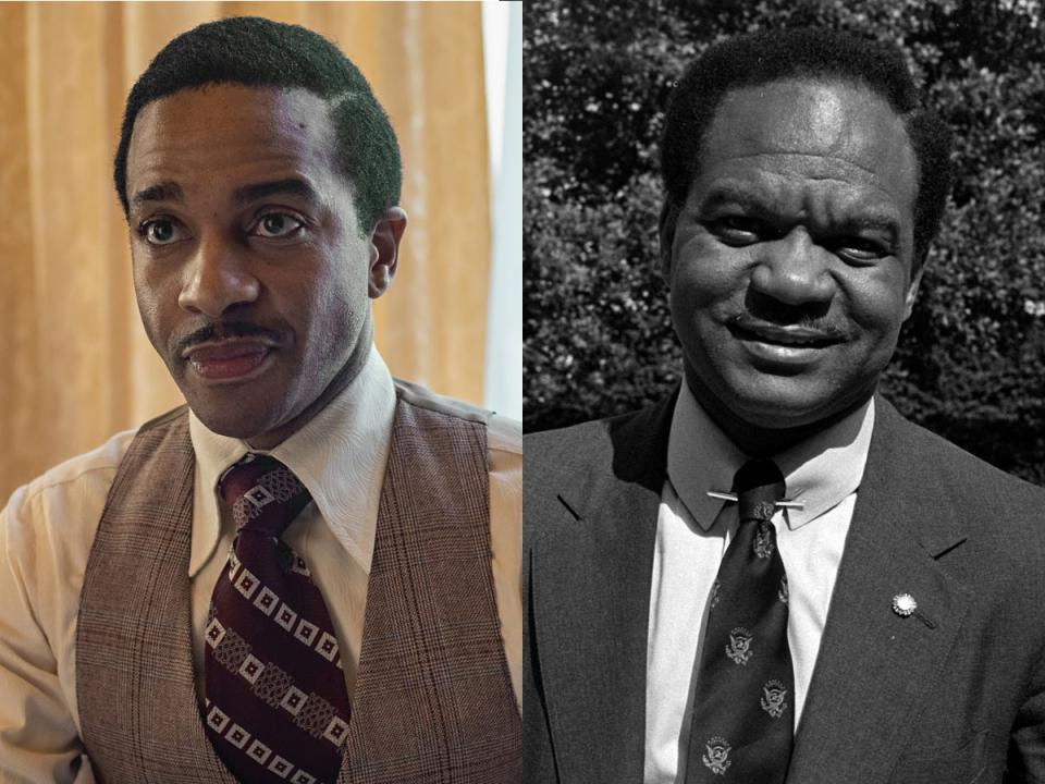 André Holland, left, as Walter Fauntroy in the Netflix film "Shirley." The real Fauntroy, right, in July 1985.