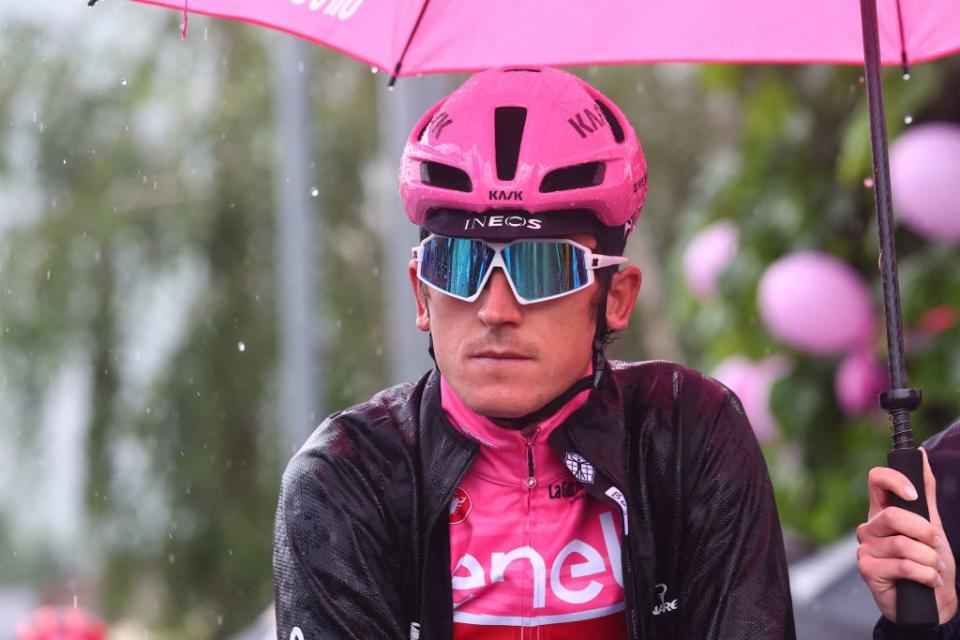 Overall leader INEOS Grenadierss British rider Geraint Thomas waits prior to the start of the thirteenth stage of the Giro dItalia 2023 cycling race 207 km between Borgofranco dIvrea and CransMontana on May 19 2023 Photo by Luca Bettini  AFP Photo by LUCA BETTINIAFP via Getty Images