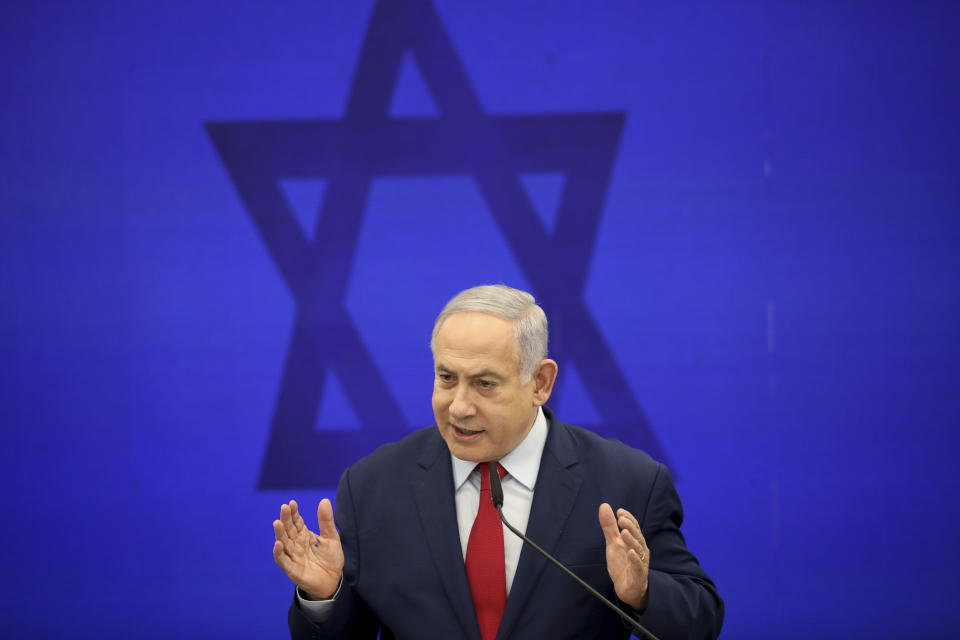 Israeli Prime Minister Benjamin Netanyahu speaks during a press conference in Tel Aviv, Israel, Tuesday, Sept. 10, 2019. Netanyahu vowed Tuesday to begin annexing West Bank settlements if he wins national elections next week. (AP Photo/Oded Balilty)