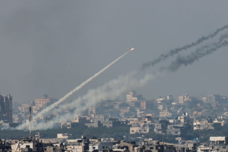 Rockets are launched from the Gaza Strip into Israel, after a temporary truce expired between Israel and the Palestinian Islamist group Hamas, as seen from Israel's border with Gaza in southern Israel