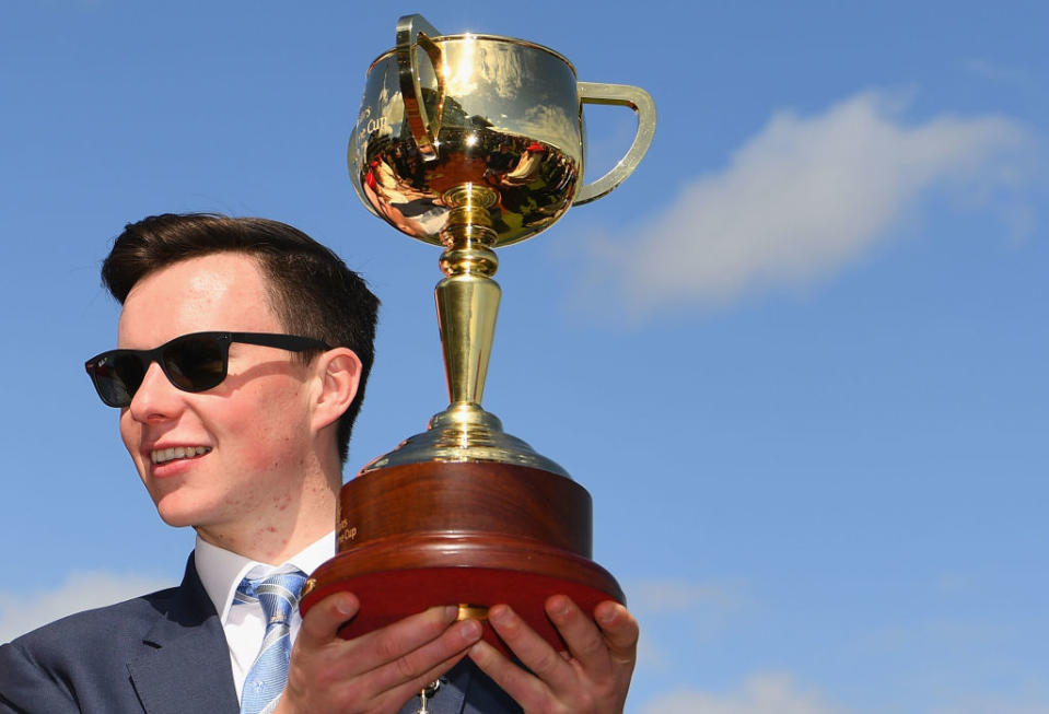 Irish trainer Joseph O'Brien celebrated winning the 2017 Melbourne Cup with Rekindling at Flemington Racecourse. Source: Getty Images.