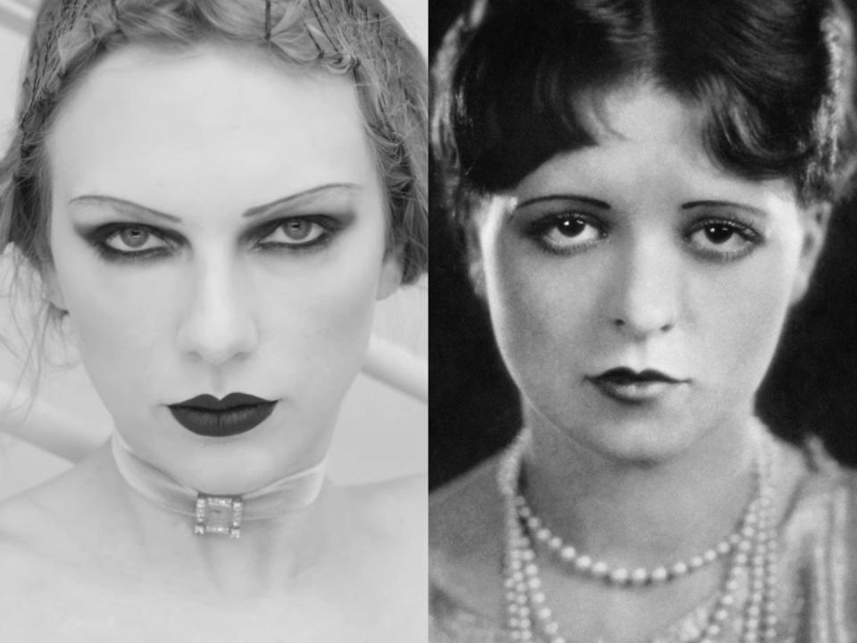Taylor Swift in the music video for "Fortnight"; Clara Bow in 1920.