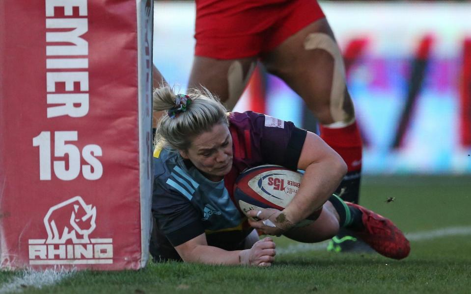 Rachael Burford of Harlequins Women scores the opening try during the Tyrrells Premier 15s match between Harlequins Women and Saracens Women at Twickenham Stoop on December 14, 2019 in London - GETTY IMAGES