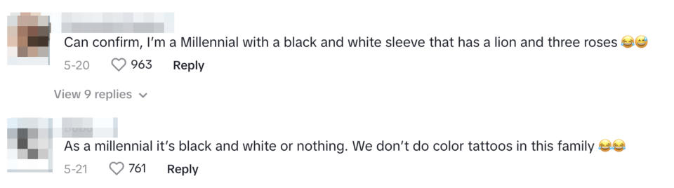 Comments on social media about Millennial tattoo preferences. One mentions having a black and white sleeve with a lion and roses, the other prefers black and white tattoos