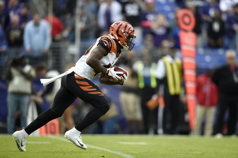 Cincinnati Bengals' Brandon Wilson runs uncontested while returning the opening kickoff from the Baltimore Ravens for a touchdown during the first half of an NFL football game Sunday, Oct. 13, 2019, in Baltimore. (AP Photo/Gail Burton)