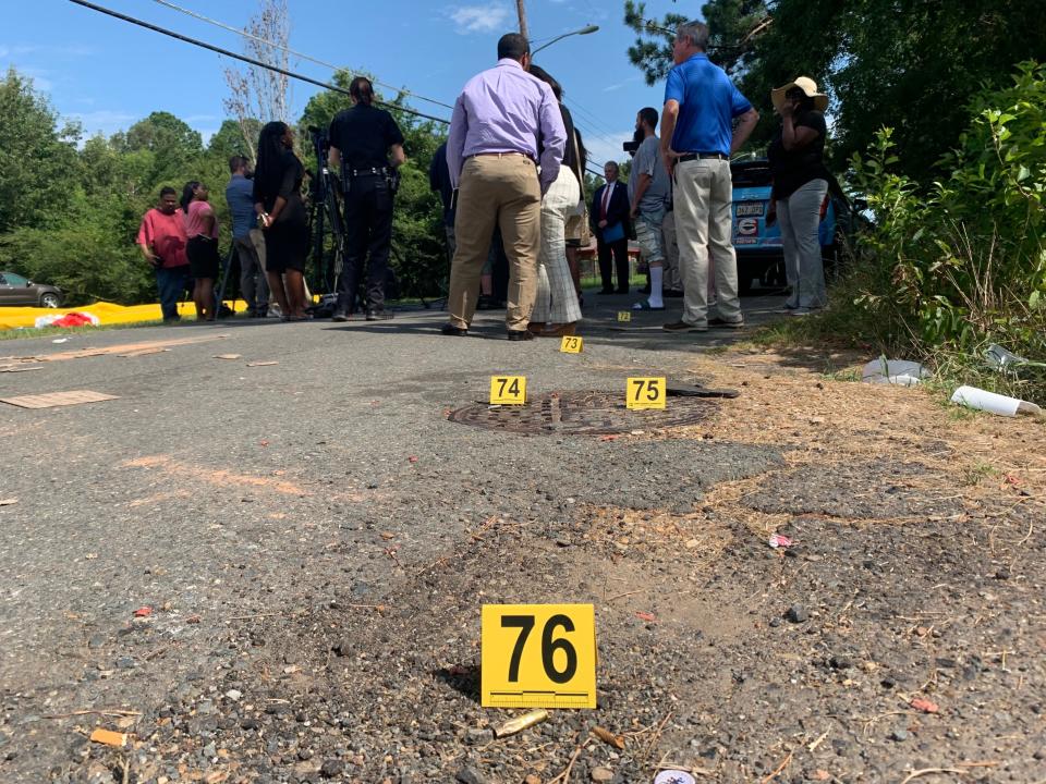 Shreveport officials hold a press conference Wednesday July 5, 2023 at the scene of mass shooting during a 4th of July block party that left 4 dead and 7 injured.