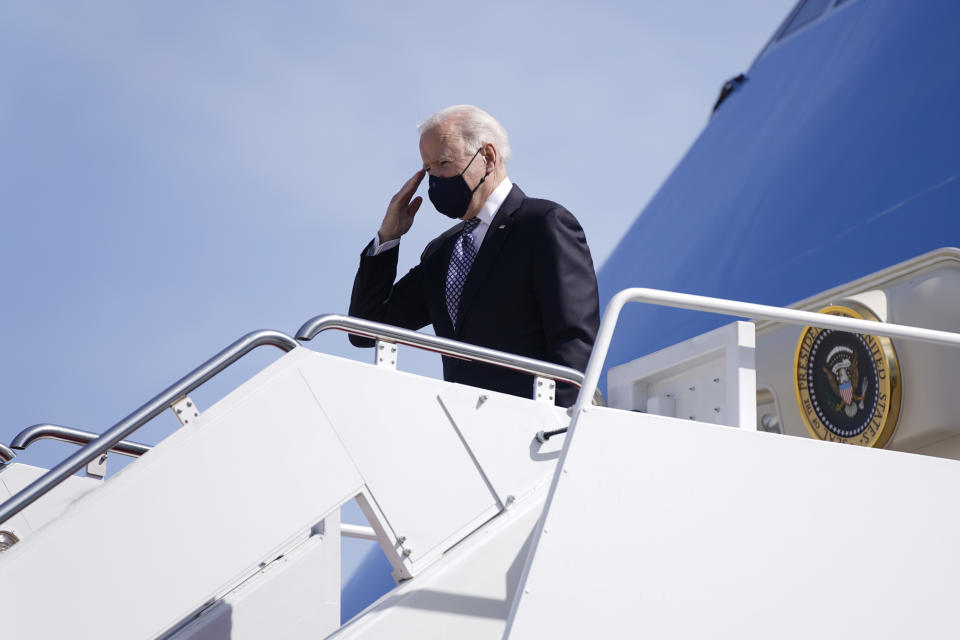 President Joe Biden boards Air Force One at Andrews Air Force Base, Md., Friday, March 19, 2021. Biden is en route to Georgia. (AP Photo/Patrick Semansky)