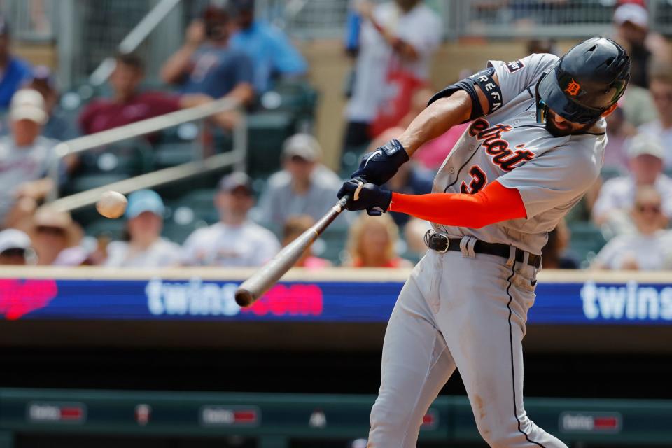 Tigers center fielder Riley Greene hits an RBI triple against the Twins in the seventh inning on Wednesday, Aug. 16, 2023, in Minneapolis.