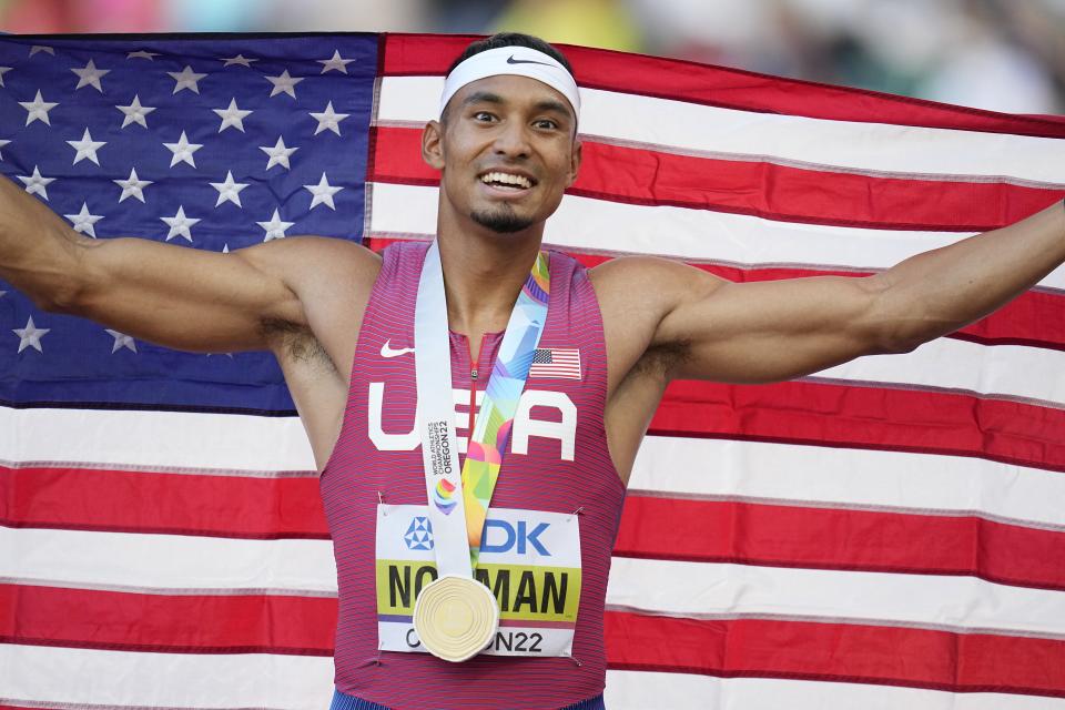 Gold medalist Michael Norman, of the United States, reacts after the final of the men's 400-meter run at the World Athletics Championships on Friday, July 22, 2022, in Eugene, Ore. (AP Photo/Ashley Landis)