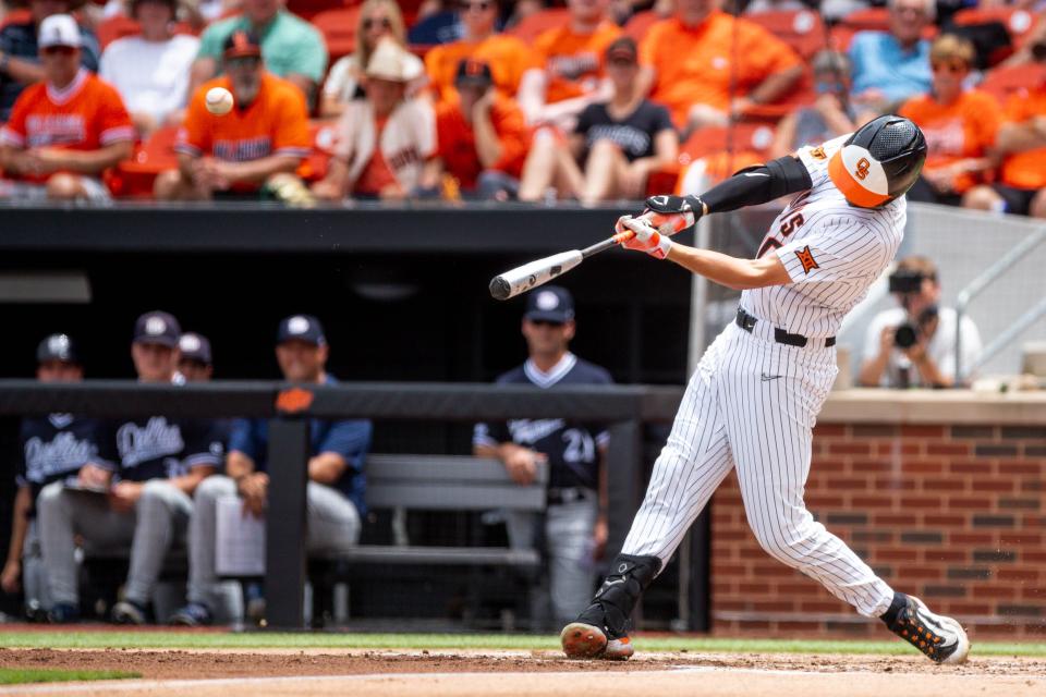 Oklahoma State outfielder Nolan Schubart (10) hits a home run during a game in the NCAA Stillwater Regional between the Oklahoma State Cowboys (OSU) and the Dallas Baptist Patriots at O'Brate Stadium in Stillwater, Okla., on Saturday, June 3, 2023.