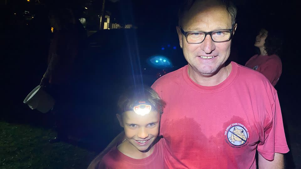 Connor and John Holmes caught an impressive 25 toads when toad busting in Brisbane, Australia. Wednesday, January 17, 2024. - Hilary Whiteman/CNN