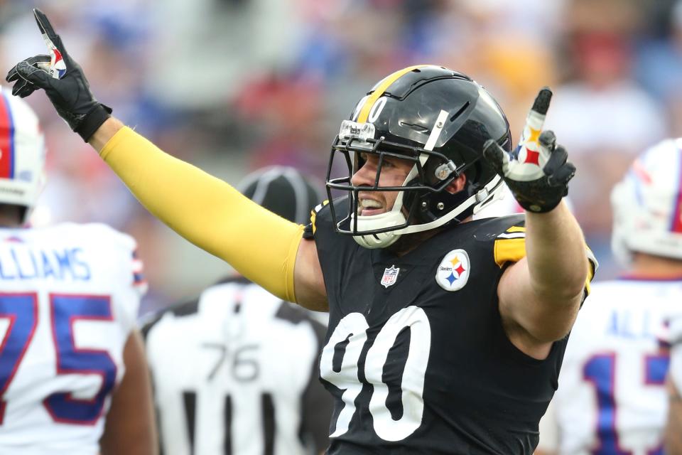 Pittsburgh Steelers linebacker T.J. Watt (90) celebrates during the second half of an NFL football game against the Buffalo Bills in Orchard park, N.Y., Sunday Sept. 12, 2021.