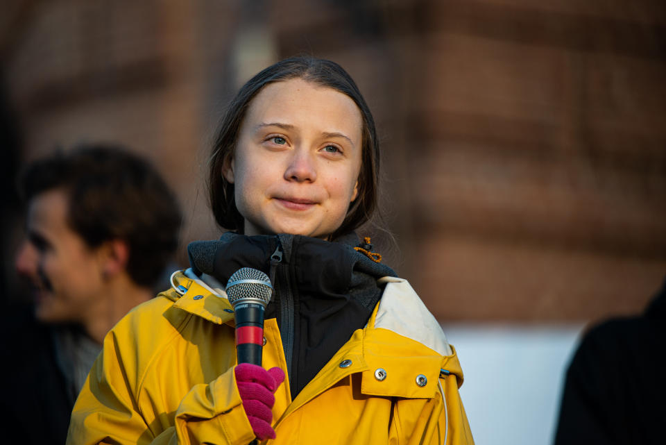 The Swedish activist Greta Thunberg speaks in Piazza Castello during the Friday for future in Turin, Italy on December 13, 2019. (Photo by Alberto Gandolfo/Pacific Press/Sipa USA)