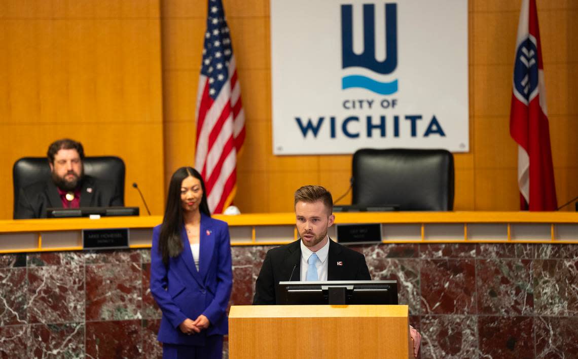 Wichita City Council member Dalton Glasscock addresses the crowd after being sworn in on Monday evening. 