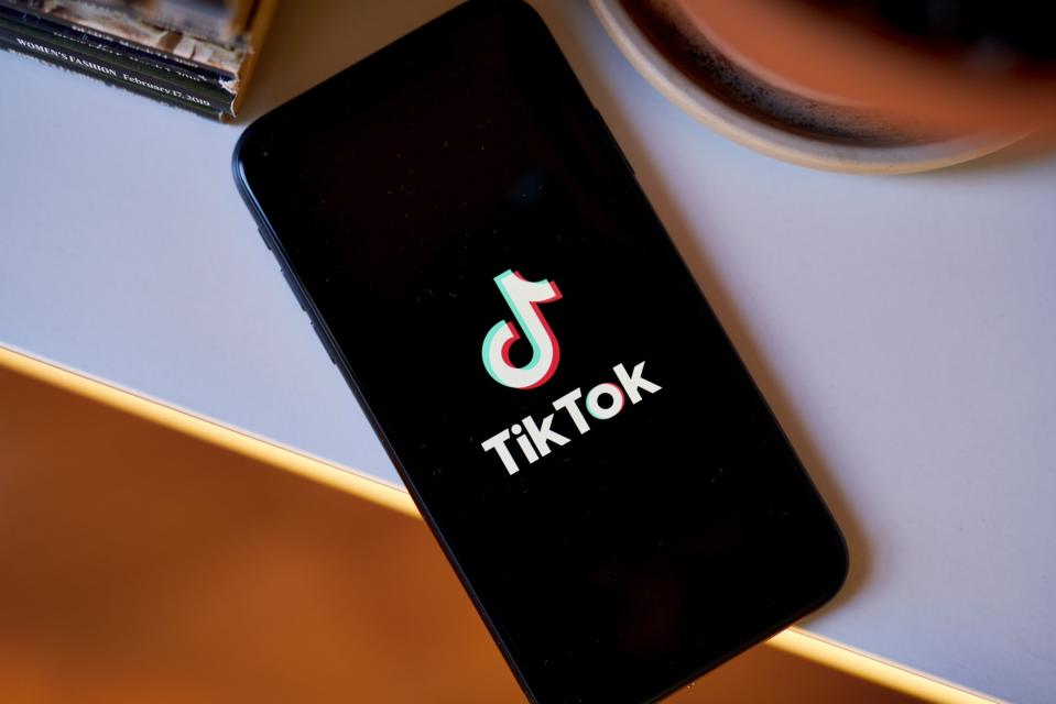 The TikTok logo on a smartphone arranged in the Brooklyn borough of New York, US, on Thursday, March 9, 2023. (Gabby Jones/Bloomberg)