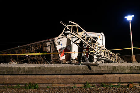 An overturned train is seen in Yilan, Taiwan October 21, 2018. Picture taken October 21, 2018. REUTERS/Lee Kun Han