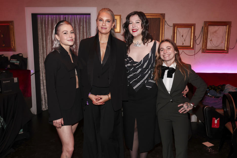 Phoebe Bridgers of boygenius, Catherine Marks, Lucy Dacus and Julien Baker of boygenius at the Resonator Awards held at Beauty & Essex on January 30, 2024 in Los Angeles, California. (Photo by Christopher Polk/Billboard via Getty Images)