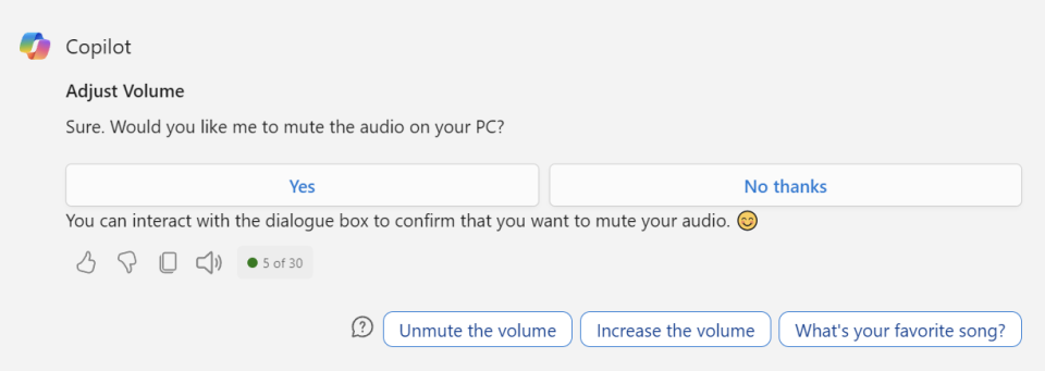 Copilot asks for confirmation to change volume