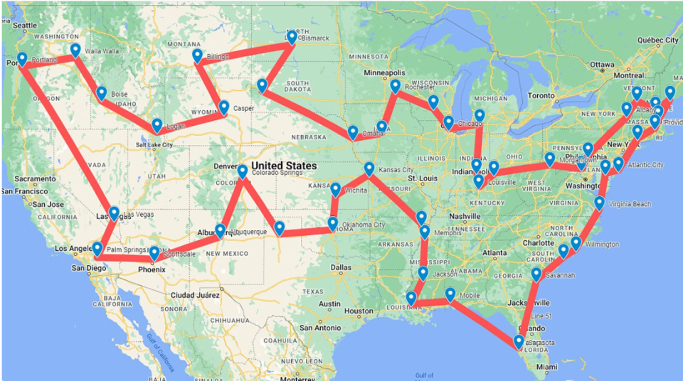 A map shows the stops made by Florida-based pilots and self-proclaimed pickleball addict, Dean Matt. Matt played a game in Wilmington on Thursday as part of his attempt to play a game of pickleball in each of the 48 contiguous U.S. states in a span of 26 days.