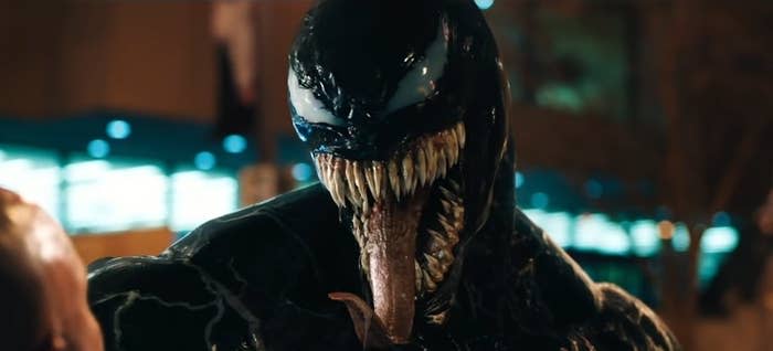 Venom with his long out, preparing to eat someone, in "Venom"