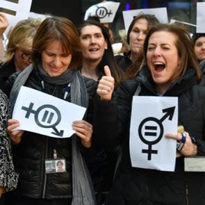 Hundreds of BBC staff protest over equal pay outside the Corporation's headquarters. Former China editor Carrie Gracie spearheaded the campaign